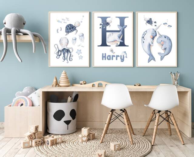 Personalised Sealife Nursery Prints Under The Sea Decor, Set Of 3 - image 1