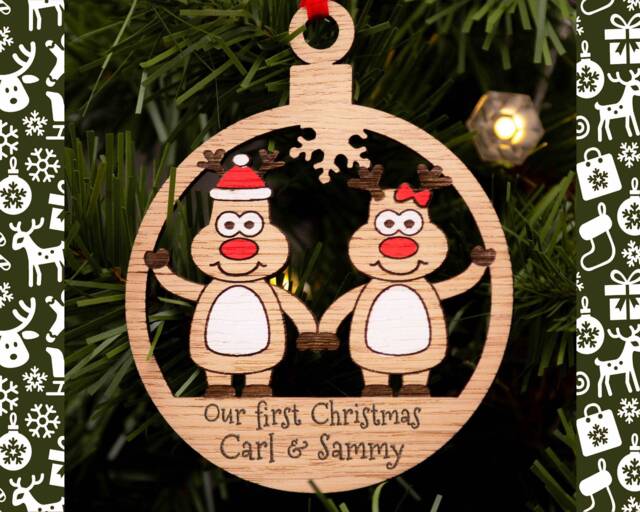 Couples Christmas Decoration, Personalised Bauble, Wood Engraved Xmas Ornament, Reindeer Family, Tree Santa - image 1