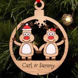 Couples Christmas Decoration, Personalised Bauble, Wood Engraved Xmas Ornament, Reindeer Family, Tree Santa - thumbnail 2