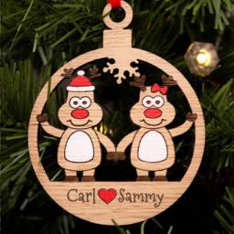 Couples Christmas Decoration, Personalised Bauble, Wood Engraved Xmas Ornament, Reindeer Family, Tree Santa - thumbnail 3