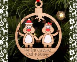 Couples Christmas Decoration, Personalised Bauble, Wood Engraved Xmas Ornament, Reindeer Family, Tree Santa - thumbnail 1