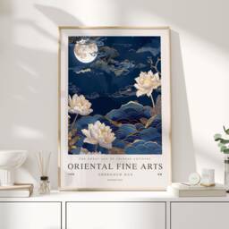 Blue Lotus, Lotus Artwork, Asian Poster, Art, Decor, Navy Wall Home Chinese Artwork - thumbnail 1