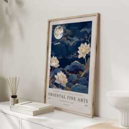 Blue Lotus, Lotus Artwork, Asian Poster, Art, Decor, Navy Wall Home Chinese Artwork - thumbnail 3