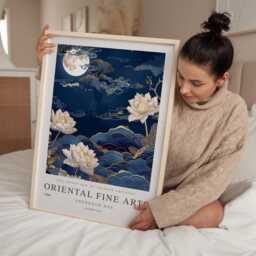 Blue Lotus, Lotus Artwork, Asian Poster, Art, Decor, Navy Wall Home Chinese Artwork - thumbnail 2