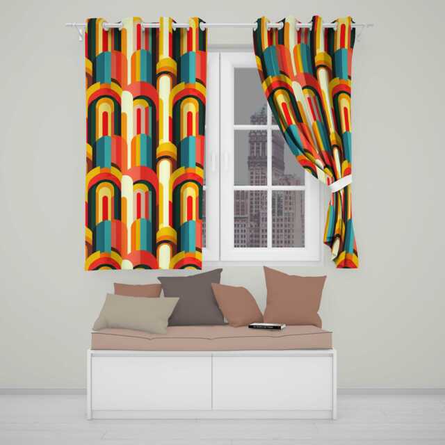 Abstract Geometric Curved Shape Vibrant Color Composition Seamless Readymade Eyelet Ring Top Thermal 100% Blackout Curtains - image 1