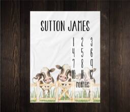 Cows Milestone Blanket Month Growth Tracker Minky Fleece Custom Personalized Baby Shower Gift Watercolor Newborn - thumbnail 1