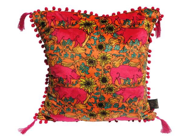 Pink & Orange Pig Printed Velvet Cushion , Farm Animals, Piggy, Floral, Farmhouse, Luxury, Sunflowers, Animal - image 1