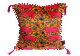 Pink & Orange Pig Printed Velvet Cushion , Farm Animals, Piggy, Floral, Farmhouse, Luxury, Sunflowers, Animal