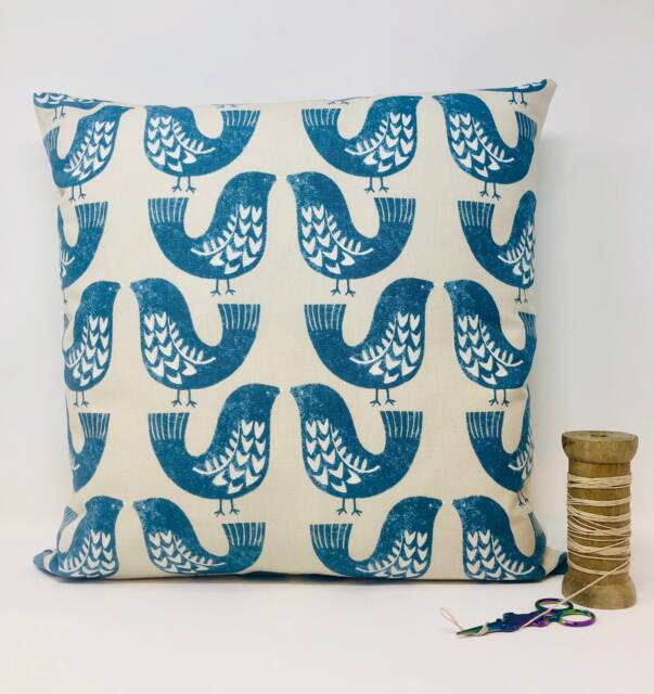 Scandi Cream & Blue Bird Cushion, Cushion Cover, Duck Feather Pillow, Birthday Present, Letterbox Gift - image 1