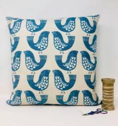 Scandi Cream & Blue Bird Cushion, Cushion Cover, Duck Feather Pillow, Birthday Present, Letterbox Gift - thumbnail 1