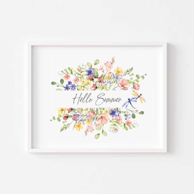 Dragonfly Floral Wreath Print Hello Summer Watercolor Wall Art - Unframed - image 1