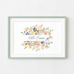 Dragonfly Floral Wreath Print Hello Summer Watercolor Wall Art - Unframed - thumbnail 3