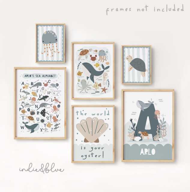 Set Of 6 Personalised Ocean Sea Prints, Neutral Nursery Gallery Wall, Bedroom Nursery, Whale Boys Playroom - image 1