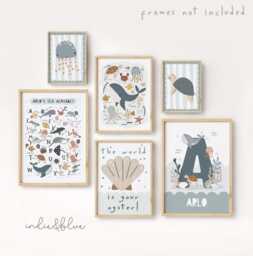 Set Of 6 Personalised Ocean Sea Prints, Neutral Nursery Gallery Wall, Bedroom Nursery, Whale Boys Playroom - thumbnail 1