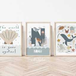 Set Of 6 Personalised Ocean Sea Prints, Neutral Nursery Gallery Wall, Bedroom Nursery, Whale Boys Playroom - thumbnail 2