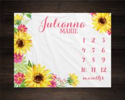 Sunflower Milestone Blanket Personalized Monthly Growth Tracker Custom Baby Shower Gift For New Mom Watercolor Floral Newborn
