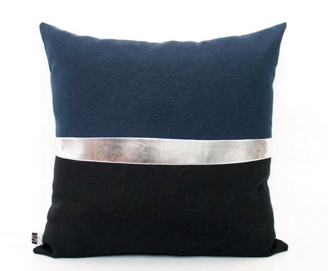 Silver Pillow Cover, Navy Blue & Black Colorblock Cushion - All Sizes Modern Pillow, Home Gifts For You - image 1