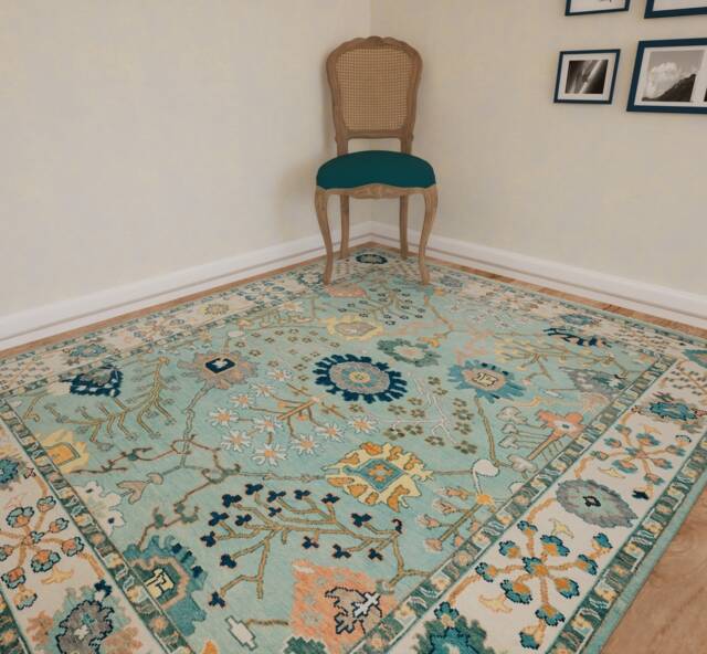 Aqua Blue Oushak Wool Rug, Hand-Knotted Fine Woolarea Rug Ar_3064 - image 1