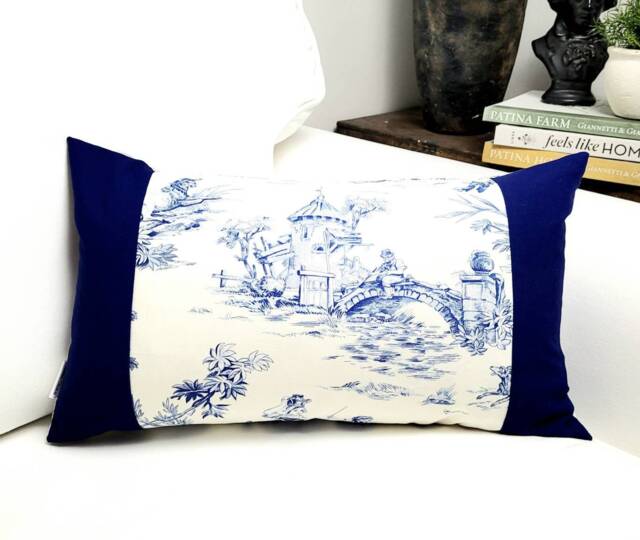 Blue French Toile Lumbar Pillow, & White Accent Pillow, Summer Decorative Throw Cushion, Gifts For Mom. Housewarming Gifts - image 1