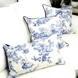 Blue French Toile Lumbar Pillow, & White Accent Pillow, Summer Decorative Throw Cushion, Gifts For Mom. Housewarming Gifts - thumbnail 4
