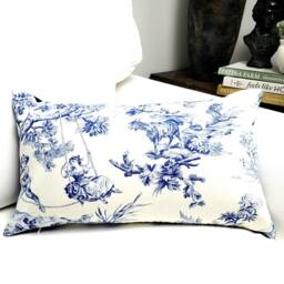 Blue French Toile Lumbar Pillow, & White Accent Pillow, Summer Decorative Throw Cushion, Gifts For Mom. Housewarming Gifts - thumbnail 3