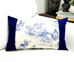Blue French Toile Lumbar Pillow, & White Accent Pillow, Summer Decorative Throw Cushion, Gifts For Mom. Housewarming Gifts