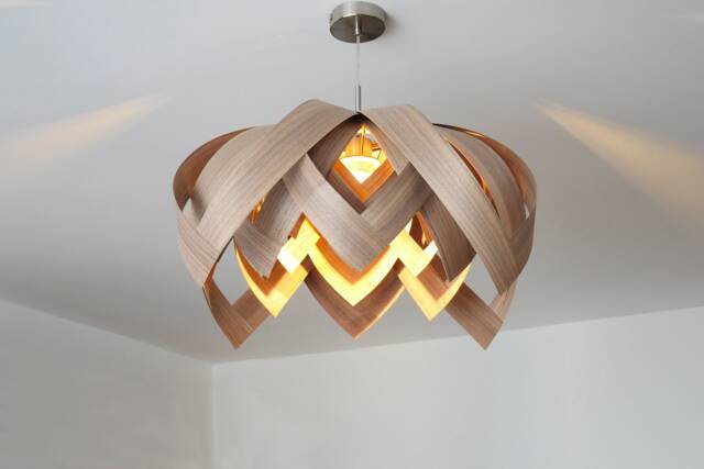 L18O, 70cm Handmade Wood Pendant Lamp, Walnut Veneer. Ceiling Design Hanging Chandelier Light - image 1