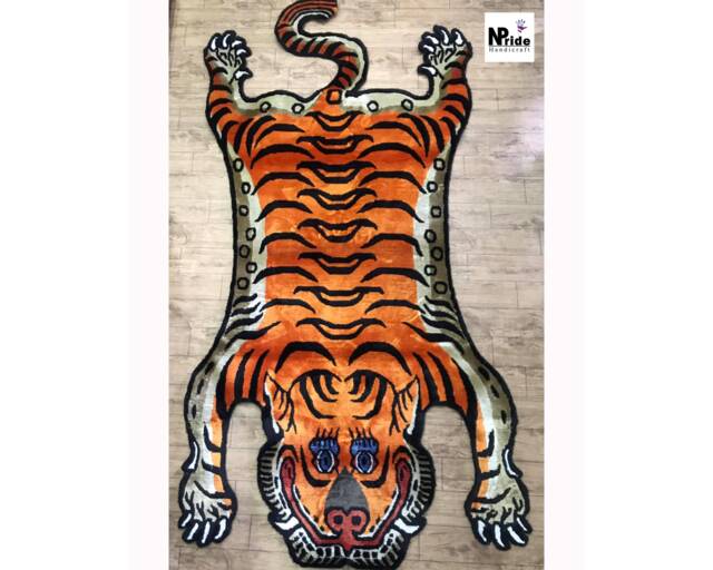Tibetan Tiger Silk Rug Handknotted 3 Sizes 100 Knot Nepal - Orange Buddhist Luxury Carpet - image 1