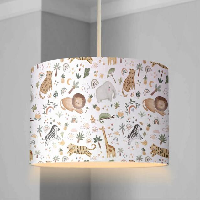 Lampshade - Safari Doodles Nursery Ceiling Or Table Lampshade Childrens Room Round Lampshade, Animal Decor - image 1