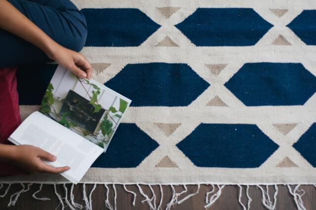 Blue Geometric Flatwoven Kilim Rug - Southwestern Turkish Rugs Living Room Area Accent Runner Size 3x5 5x8 8x10 Wool Woven Low Pile - image 1