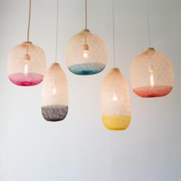 Colorful Bamboo Pendant Light, Eco-Friendly Dyed Artisan Fish Trap Lamp Shade, Rattan Fixture Cw
