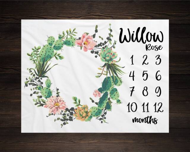 Succulent Milestone Blanket Month Growth Tracker Minky Fleece Custom Personalized Baby Shower Gift Watercolor Floral Tribal Cactus - image 1
