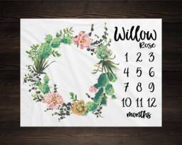 Succulent Milestone Blanket Month Growth Tracker Minky Fleece Custom Personalized Baby Shower Gift Watercolor Floral Tribal Cactus - thumbnail 1