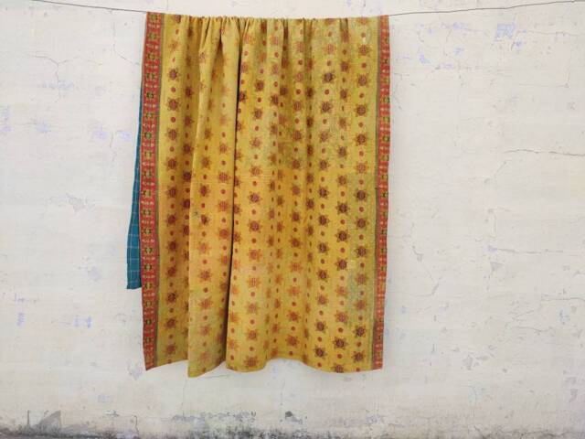 Hand Stitched Twin Kantha Quilt Vintage Indian Cotton Bedspread - image 1