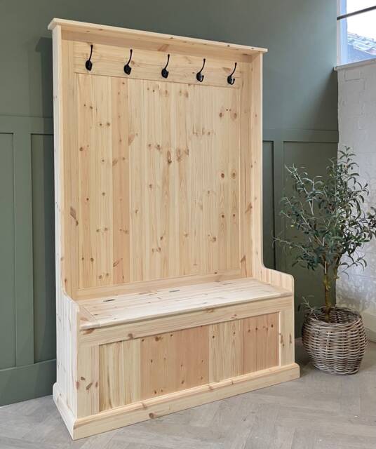 Unpainted, Natural Wood Tall Bench With Coat Hooks, Hall Storage Bench. Monks Stand - image 1