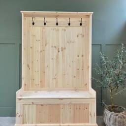 Unpainted, Natural Wood Tall Bench With Coat Hooks, Hall Storage Bench. Monks Stand - thumbnail 4
