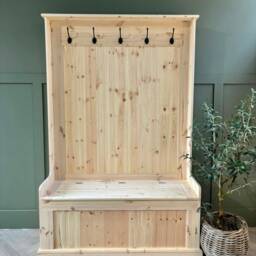 Unpainted, Natural Wood Tall Bench With Coat Hooks, Hall Storage Bench. Monks Stand - thumbnail 2