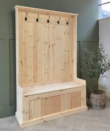 Unpainted, Natural Wood Tall Bench With Coat Hooks, Hall Storage Bench. Monks Stand