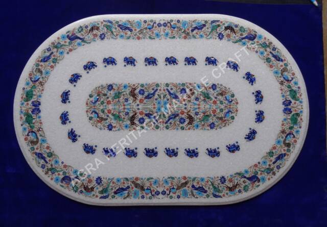 "Marble Dining Table Top Elephant & Bird Inlay, Floral Design - 48""x30" - image 1