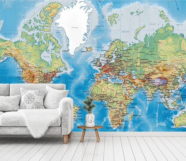 3D World Map Mural, Detailed Land & Ocean Plate Wall Decor, Peel & Stick Wallpaper - image 1
