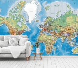 3D World Map Mural, Detailed Land & Ocean Plate Wall Decor, Peel & Stick Wallpaper - thumbnail 1
