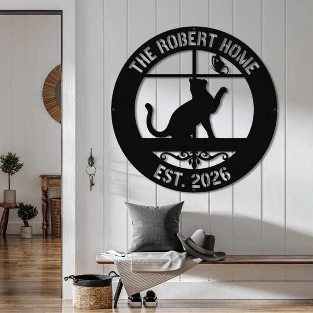 Peeking Cat Metal Sign - Custom Name Design Door Hanger Wall Decor For Lovers - image 1