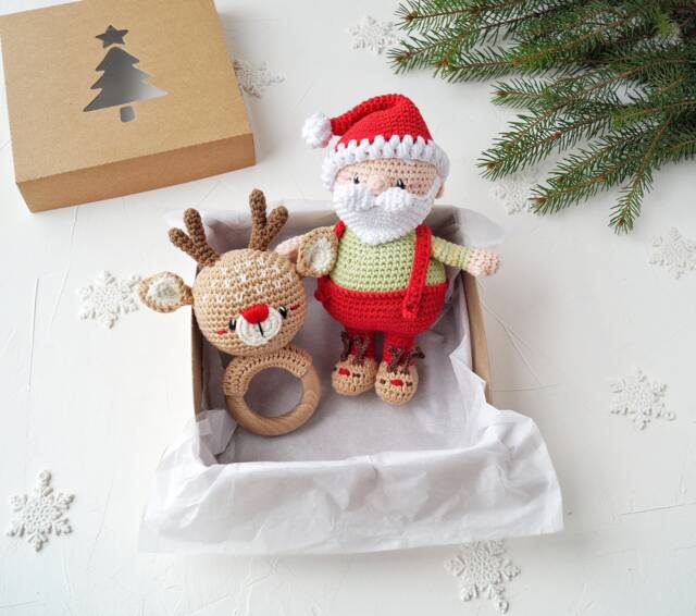 Santa Claus Small Stuffed Toy & Reindeer Baby On Wood Ring, 1St Christmas Gift For Or Toddler, Pregnancy Announcement - image 1
