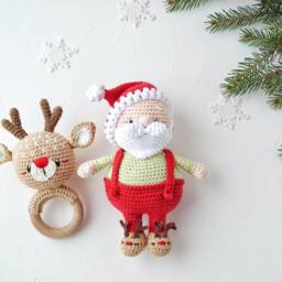 Santa Claus Small Stuffed Toy & Reindeer Baby On Wood Ring, 1St Christmas Gift For Or Toddler, Pregnancy Announcement - thumbnail 4