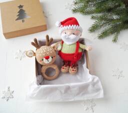 Santa Claus Small Stuffed Toy & Reindeer Baby On Wood Ring, 1St Christmas Gift For Or Toddler, Pregnancy Announcement - thumbnail 1