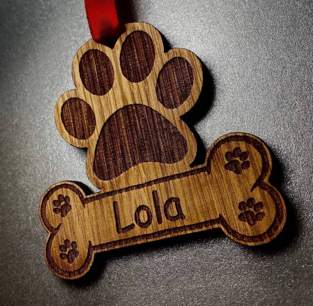 Personalised Oak Dog Christmas Tree Decoration Name Wooden Paw Print Puppy - image 1
