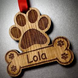 Personalised Oak Dog Christmas Tree Decoration Name Wooden Paw Print Puppy - thumbnail 2
