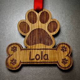 Personalised Oak Dog Christmas Tree Decoration Name Wooden Paw Print Puppy - thumbnail 3