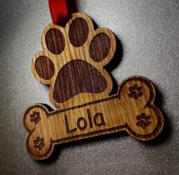 Personalised Oak Dog Christmas Tree Decoration Name Wooden Paw Print Puppy