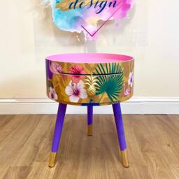 Round Eclectic Yellow Nightstand With Tropical Design, Mustard Bedside Table Built in Drawer